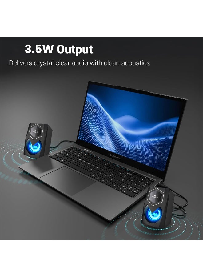 Kisonli 2.0 USB Powered Multimedia Speakers – 3W x 2 Stereo Sound System with Blue LED Light, 3.5mm AUX Input, 20Hz–20KHz Frequency Response, Compact Desktop Speakers for Laptop, PC & Gaming Setup - Image 3